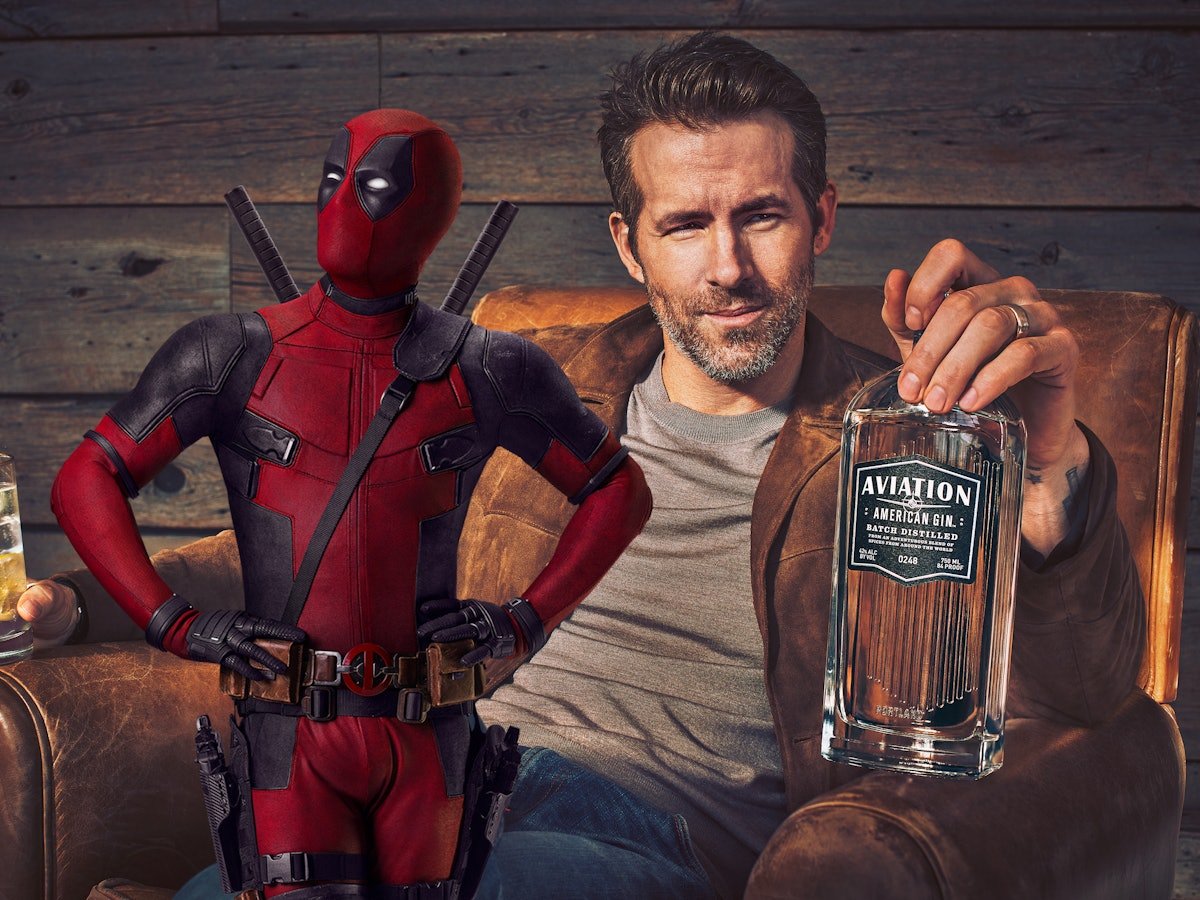 Limited-edition bottle of Aviation American Gin featuring Deadpool artwork.